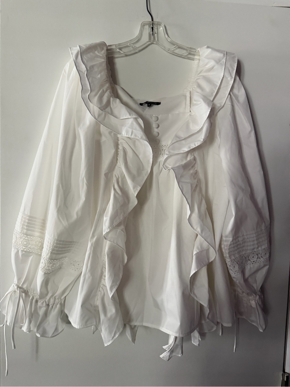 CQbyCQ Square Neck Ruffle Women’s White Ruffle-Front Blouse with Lace Trim
